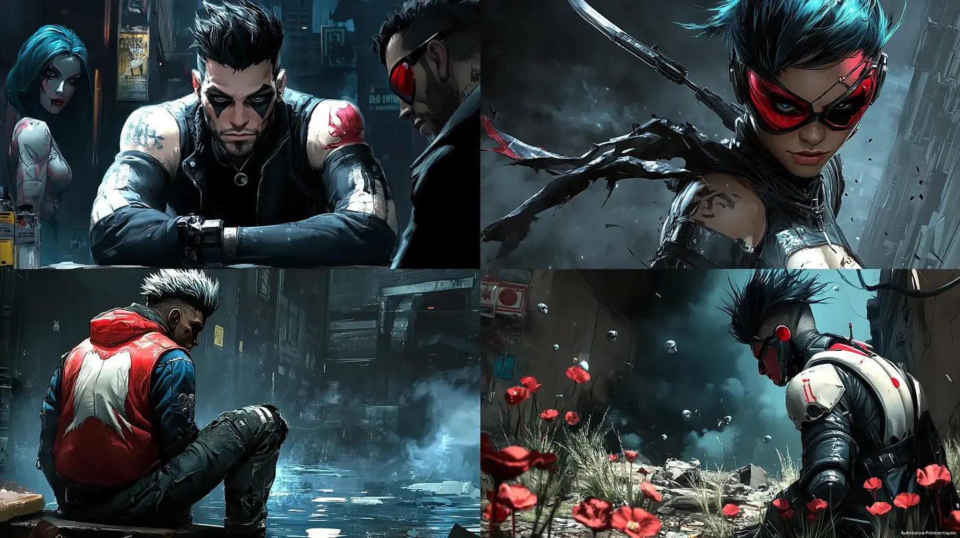 Dark Cinematic Grit: A Fusion of High-Contrast Melancholy and Cyberpunk Sensibilities - Midjourney sref style