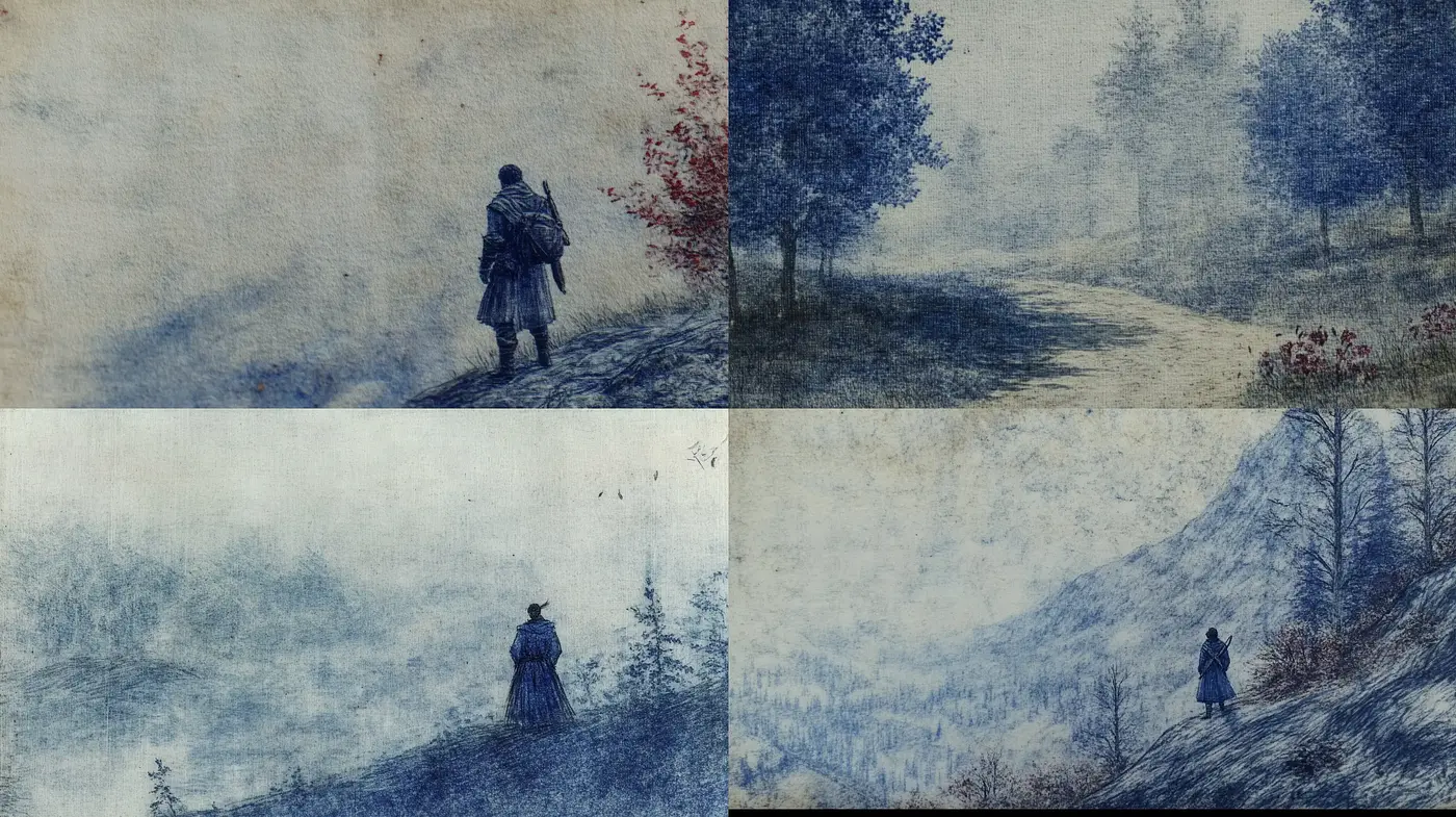 Ethereal Blue Hues in Monochrome Winterscape - Midjourney sref style