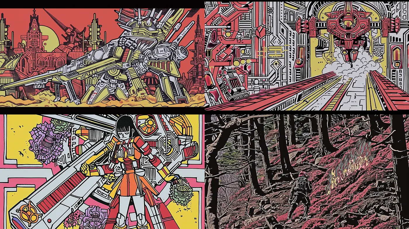 Futuristic Retro Manga Mélange with Vivid Contrasts and Mechanical Intricacies - Midjourney sref style