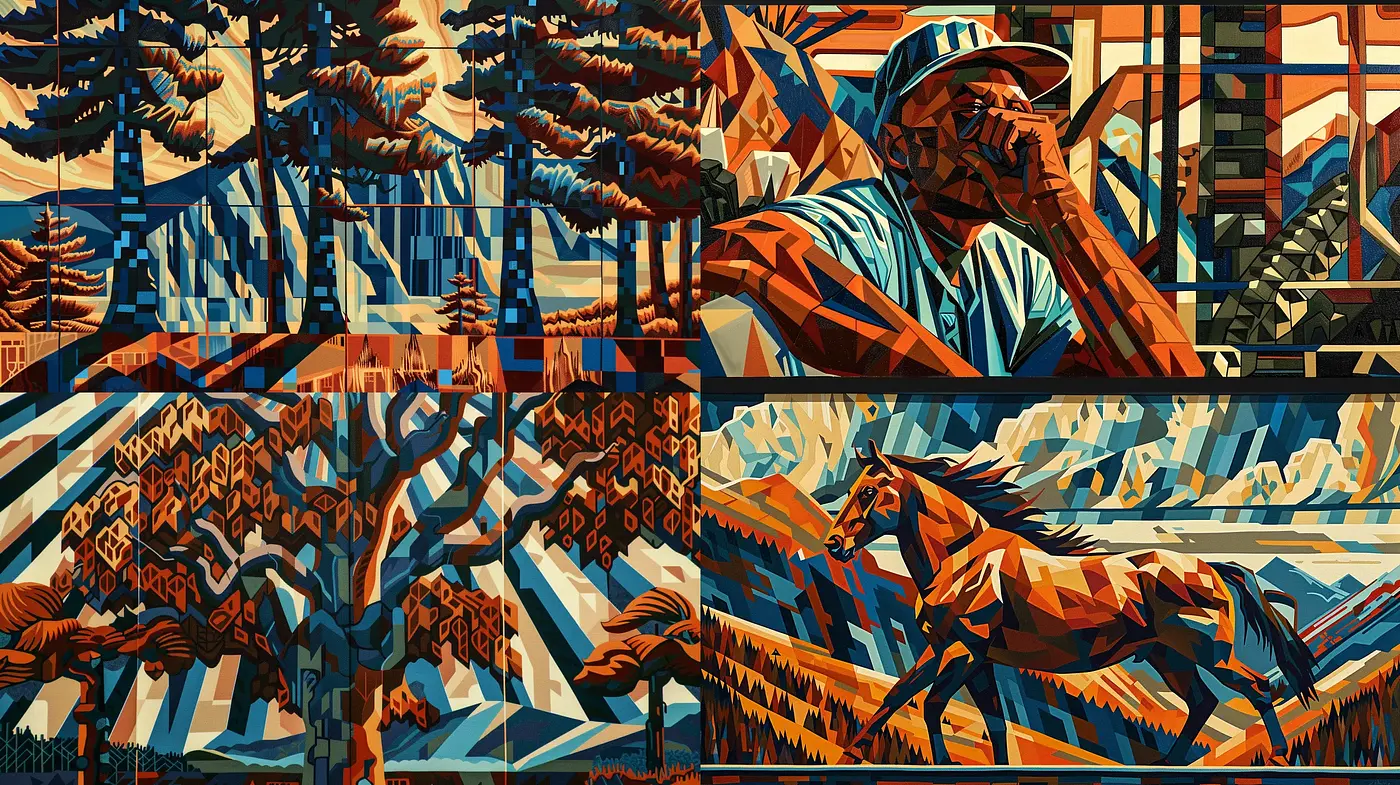 Dynamic Geometric Landscape and Figures Fusion - Midjourney sref style