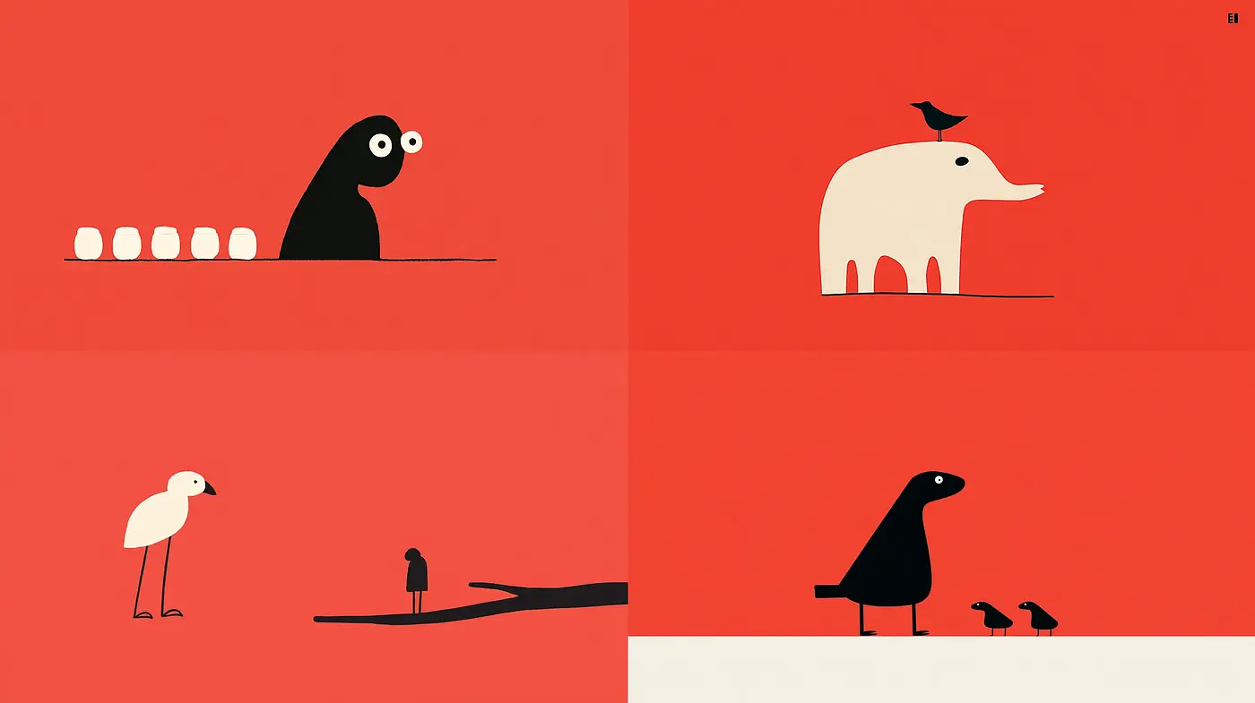 Whimsical and Minimized Abstract Animal Illustrations with Vibrant Color Schemes - Midjourney sref style