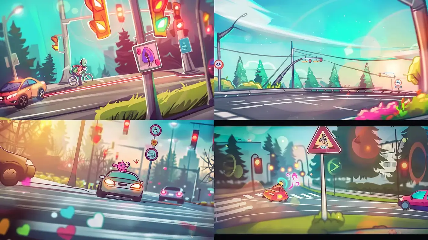 Stylized Urban Scenes with Whimsical Elements and Vibrant Color Play - Midjourney sref style