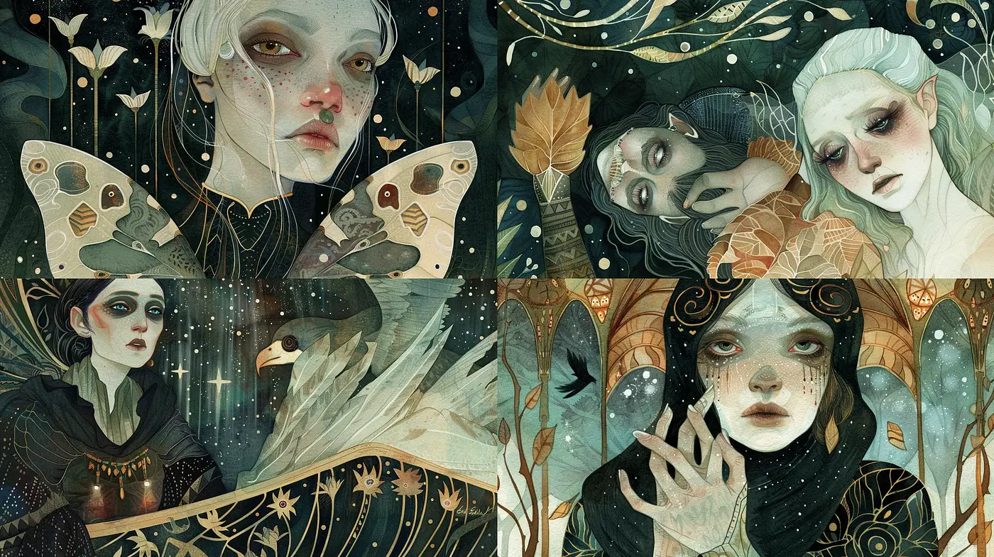 Ethereal Botanical Illustrations with a Somber Fantasy Essence - Midjourney sref style