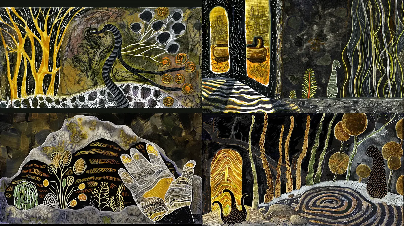 Enigmatic Depths of Stylized Nature: An Artistic Exploration in Textural Contrast and Organic Forms - Midjourney sref style