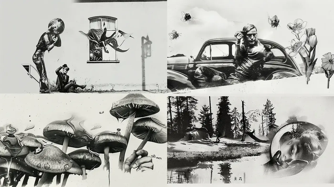 Surrealist Black and White Aesthetics with a Touch of Nature - Midjourney sref style