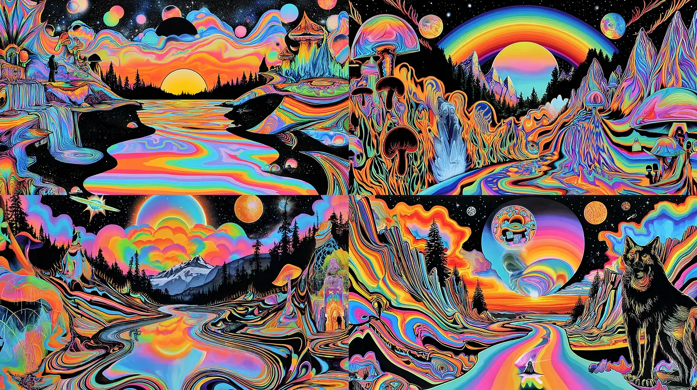 Psychedelic landscapes with vibrant colors and surreal elements - Midjourney sref style