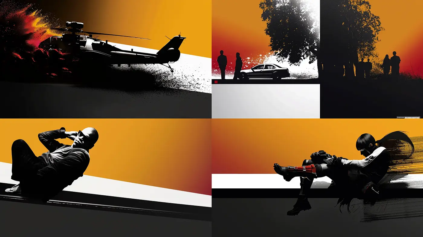 Stark Contrast Silhouettes with Vibrant Sunset Backdrops - Midjourney sref style