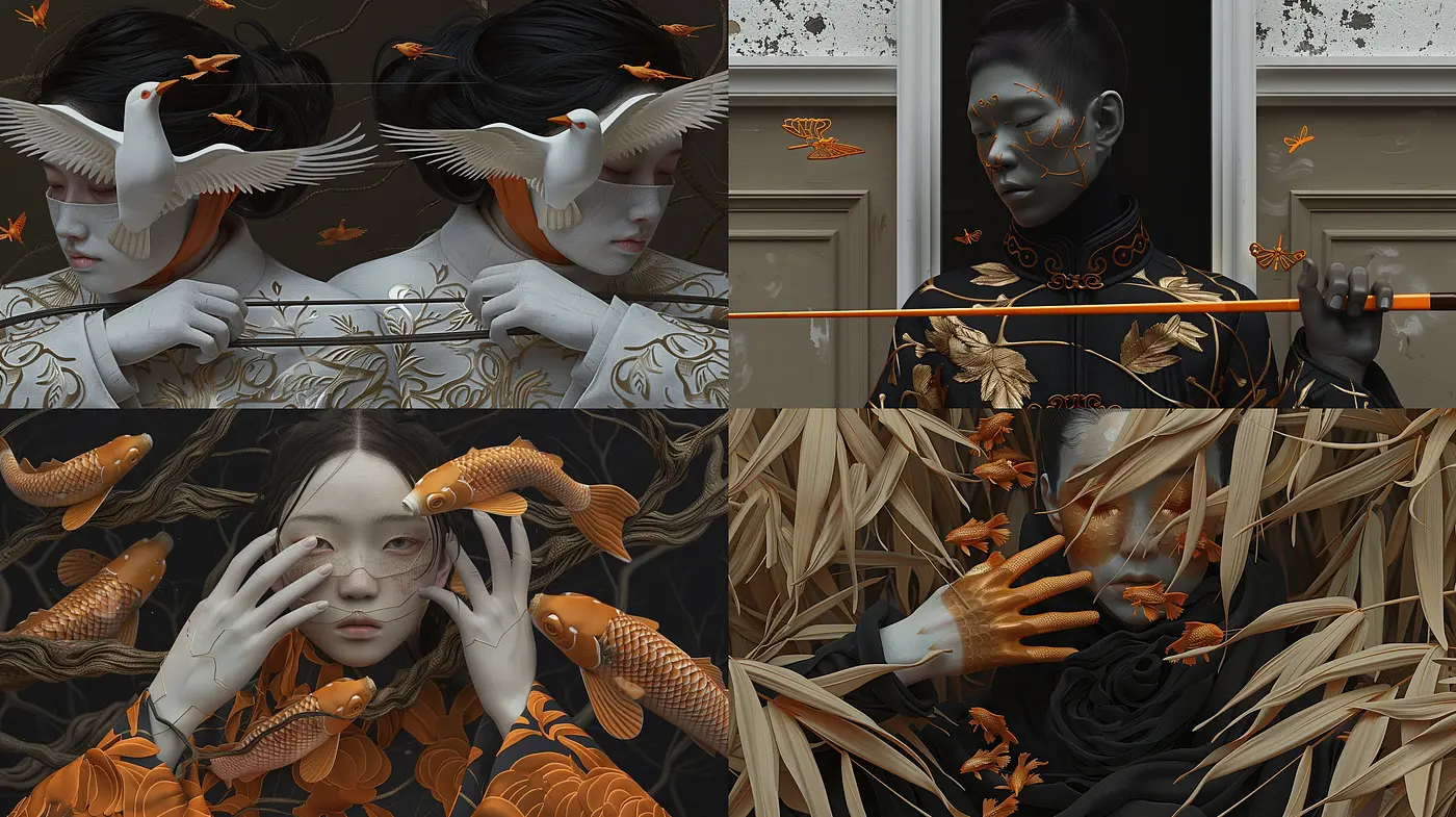 Ethereal Monochrome Dreams with Vivid Orange Accents - Midjourney sref style