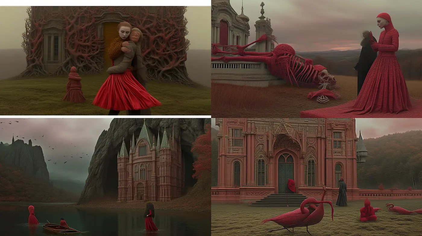 Ethereal Crimson Dreamscape: A Fusion of Gothic Architecture and Surrealist Imagery - Midjourney sref style