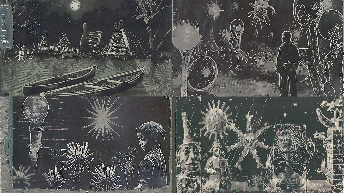 Enigmatic Monochrome Dreamscape Fusion - Midjourney sref style