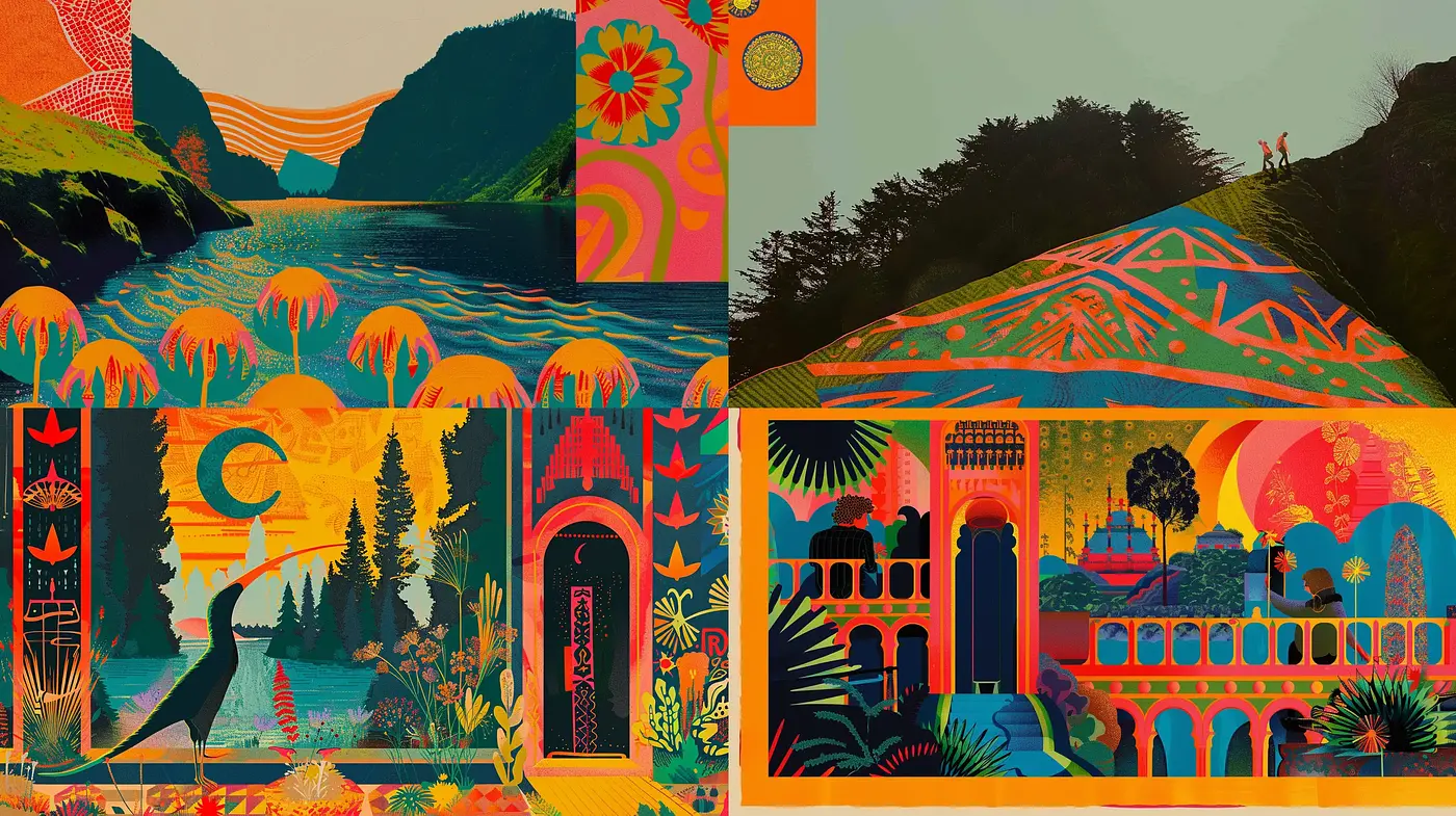 Saturated Storybook Panorama: A Fusion of Bold Graphics and Stylized Nature - Midjourney sref style
