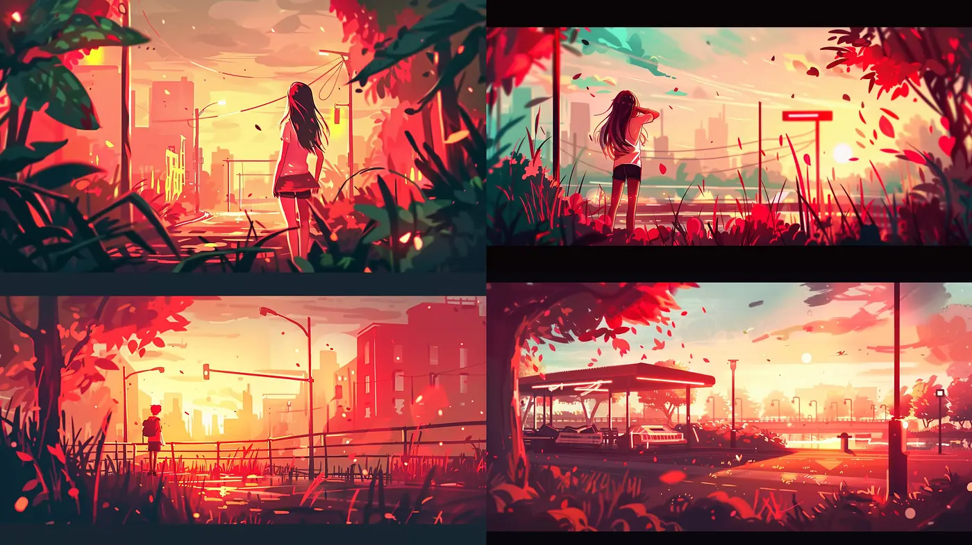Consistent Vivid Sunset Hues in Stylized Urban Serenity - Midjourney sref style