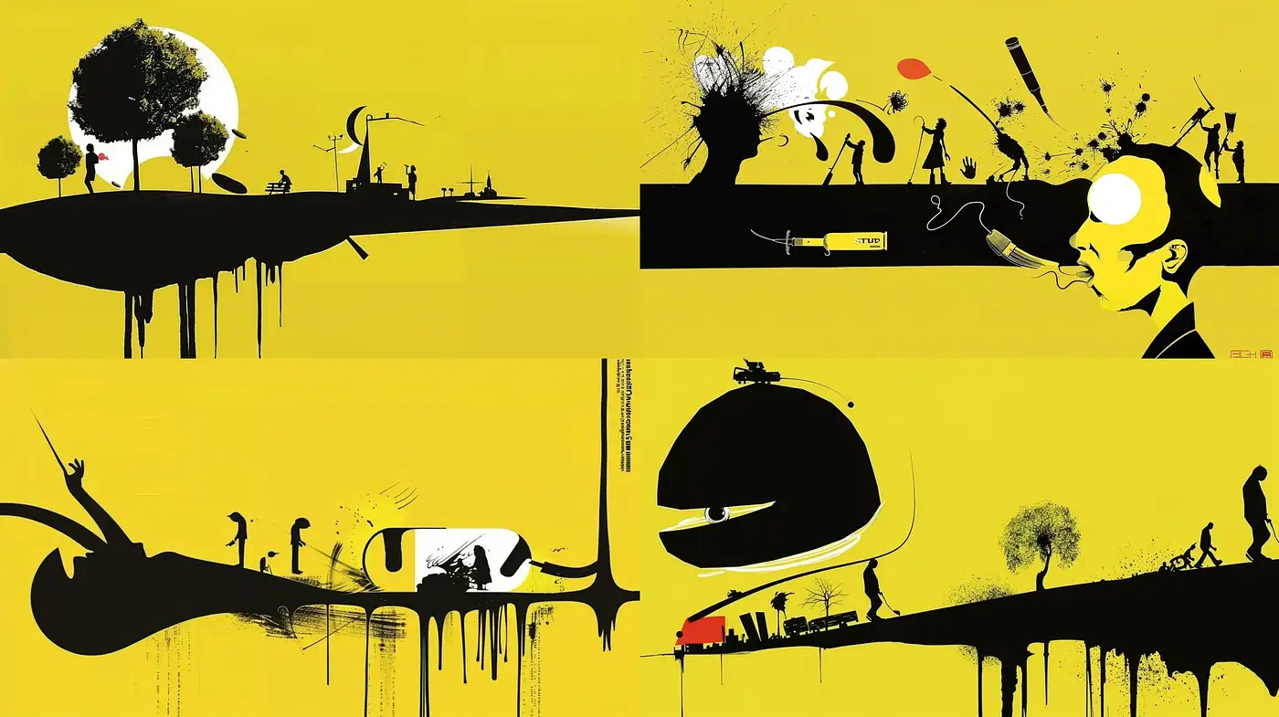 Abstract Silhouetted Surrealism Against a Stark Yellow Backdrop - Midjourney sref style
