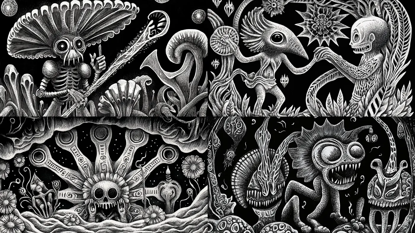 Ethereal Monochromatic Dreamscape in Detailed Illustration - Midjourney sref style