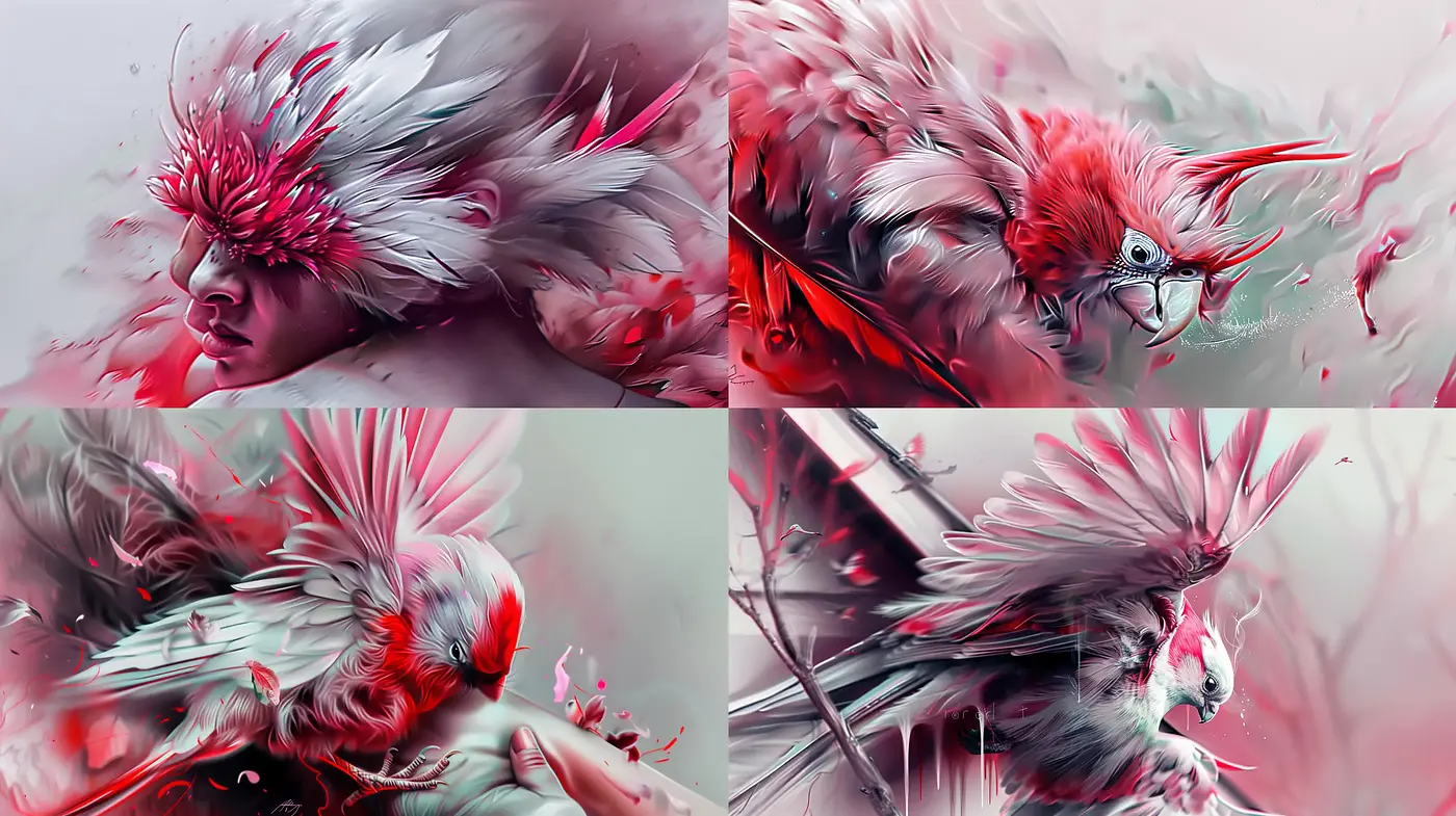 Ethereal Avian Fusion in Pastel Hues and Dynamic Strokes - Midjourney sref style