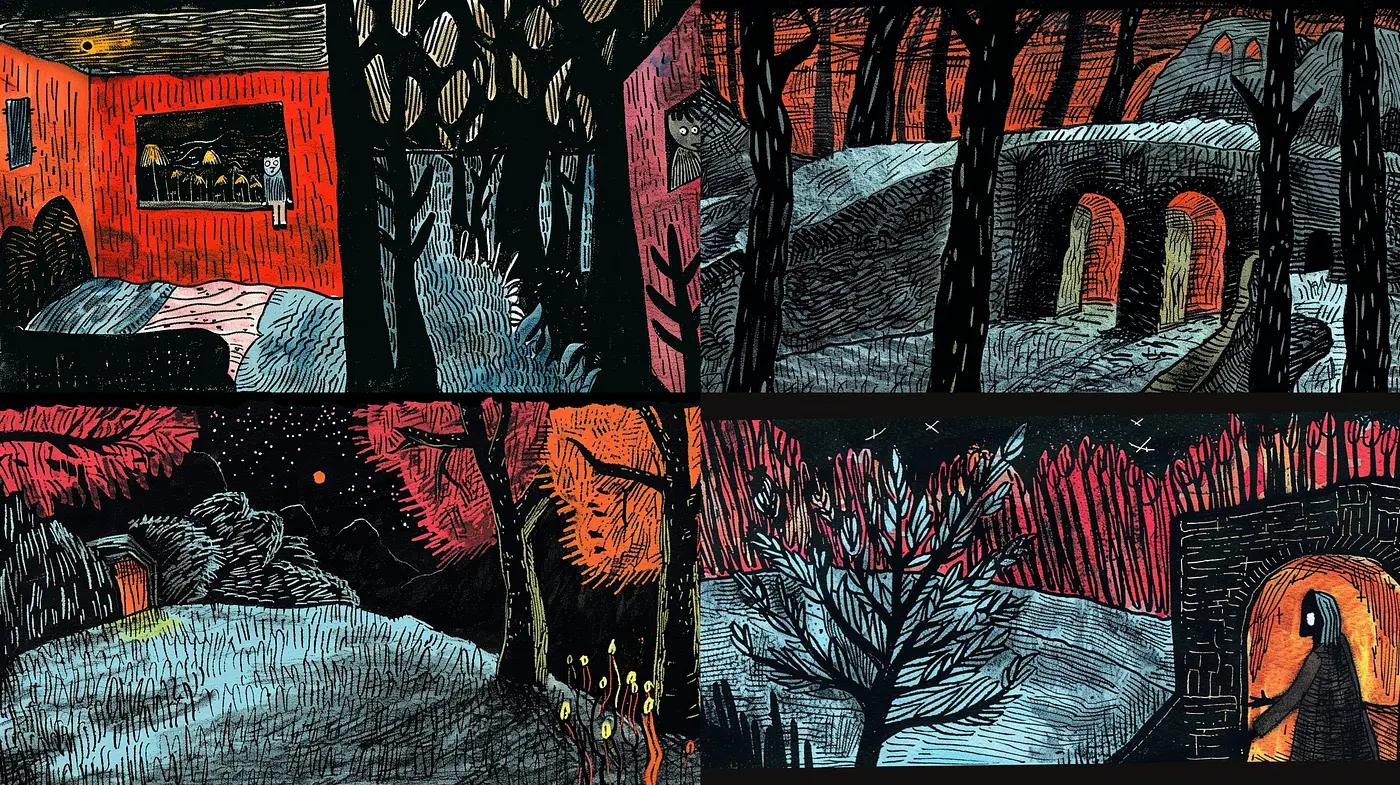 Abstract Nocturnal Visions in Stippled Hues: A Blend of Expressionism and Printmaking Aesthetics - Midjourney sref style