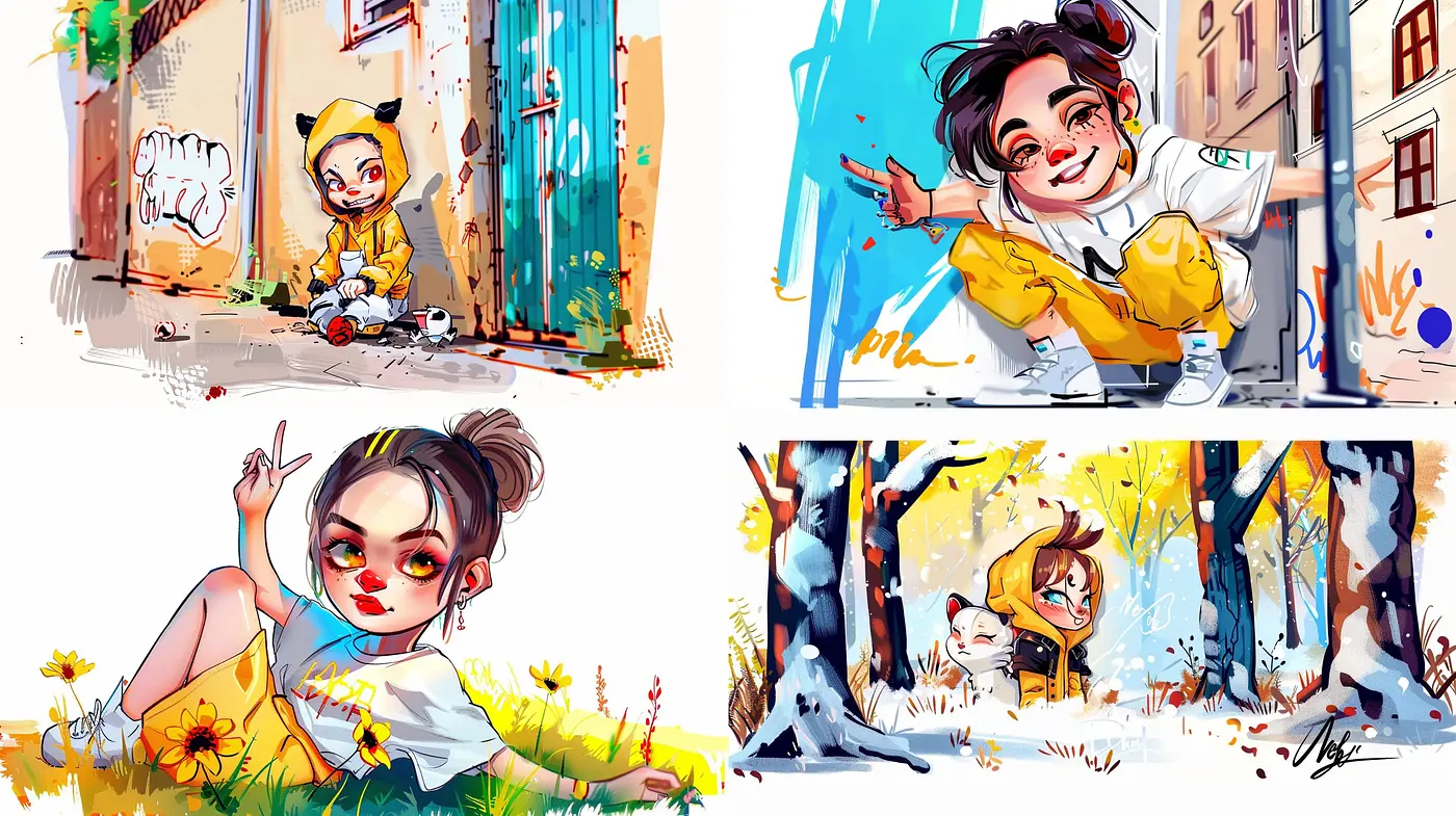 Palette of Playfulness: An Exploration in Vivid Strokes and Expressive Cartoon Contours - Midjourney sref style