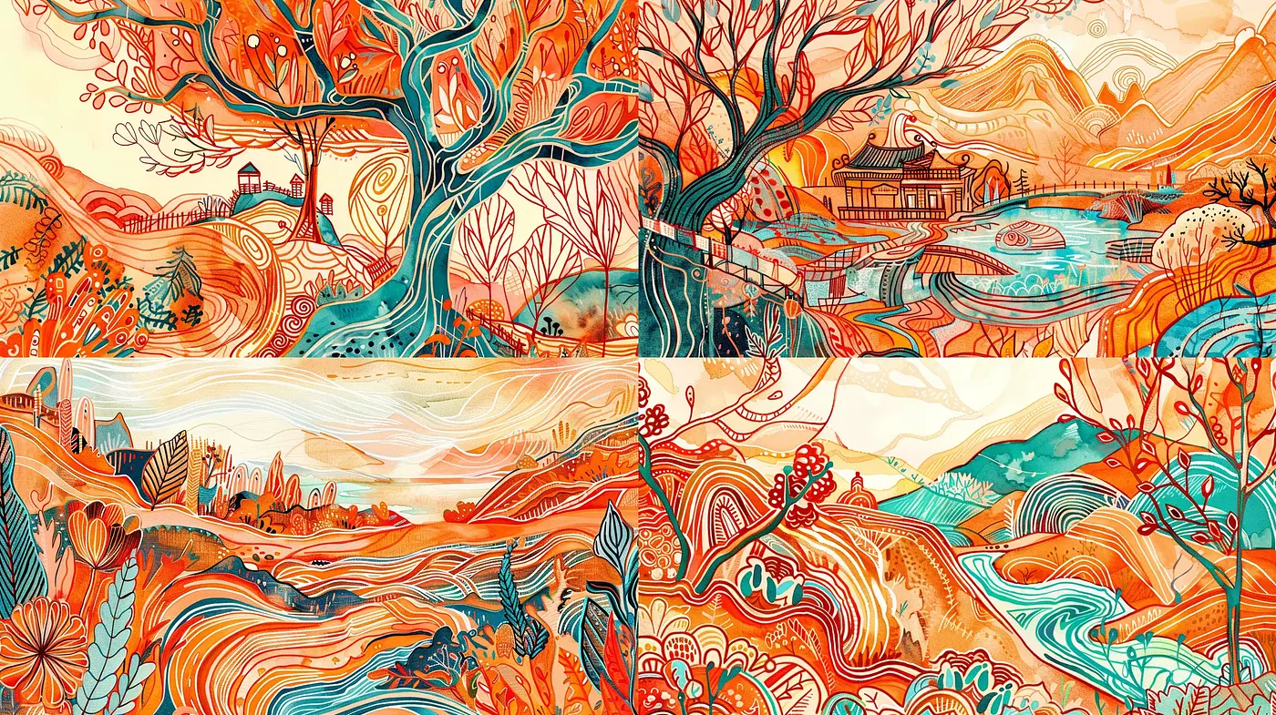 Autumnal Dreamscape: A Fusion of Whimsical Art Nouveau and Intricate Line Work - Midjourney sref style