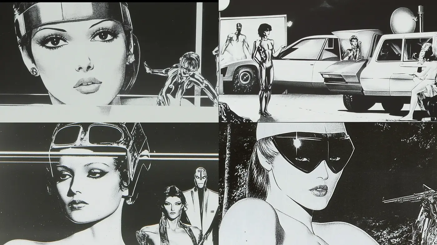 Monochromatic Retrofuturistic Visions - Midjourney sref style