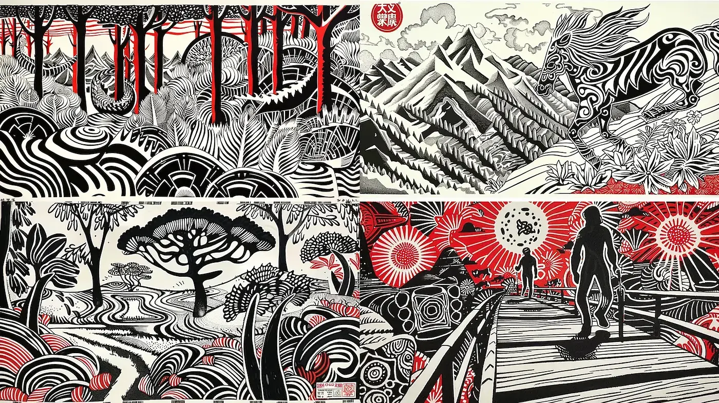Dynamic and Bold Graphic Expression with High Contrast Elements - Midjourney sref style
