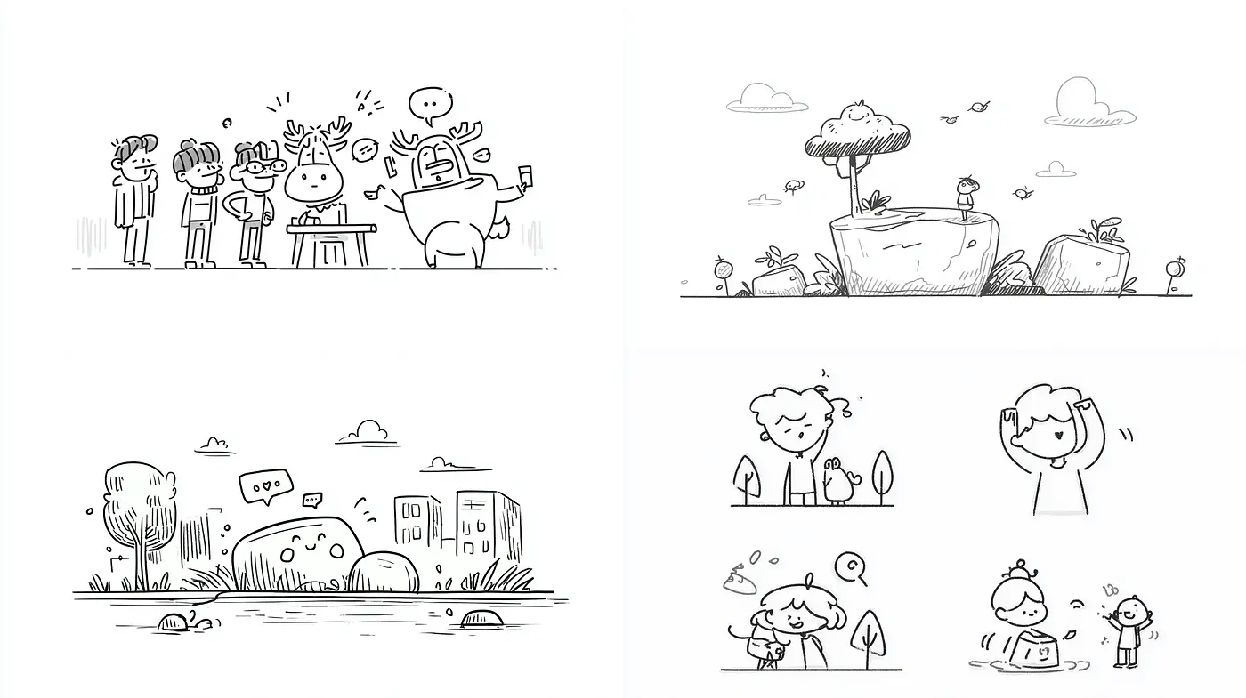 Playful and whimsical line art with lighthearted narratives - Midjourney sref style
