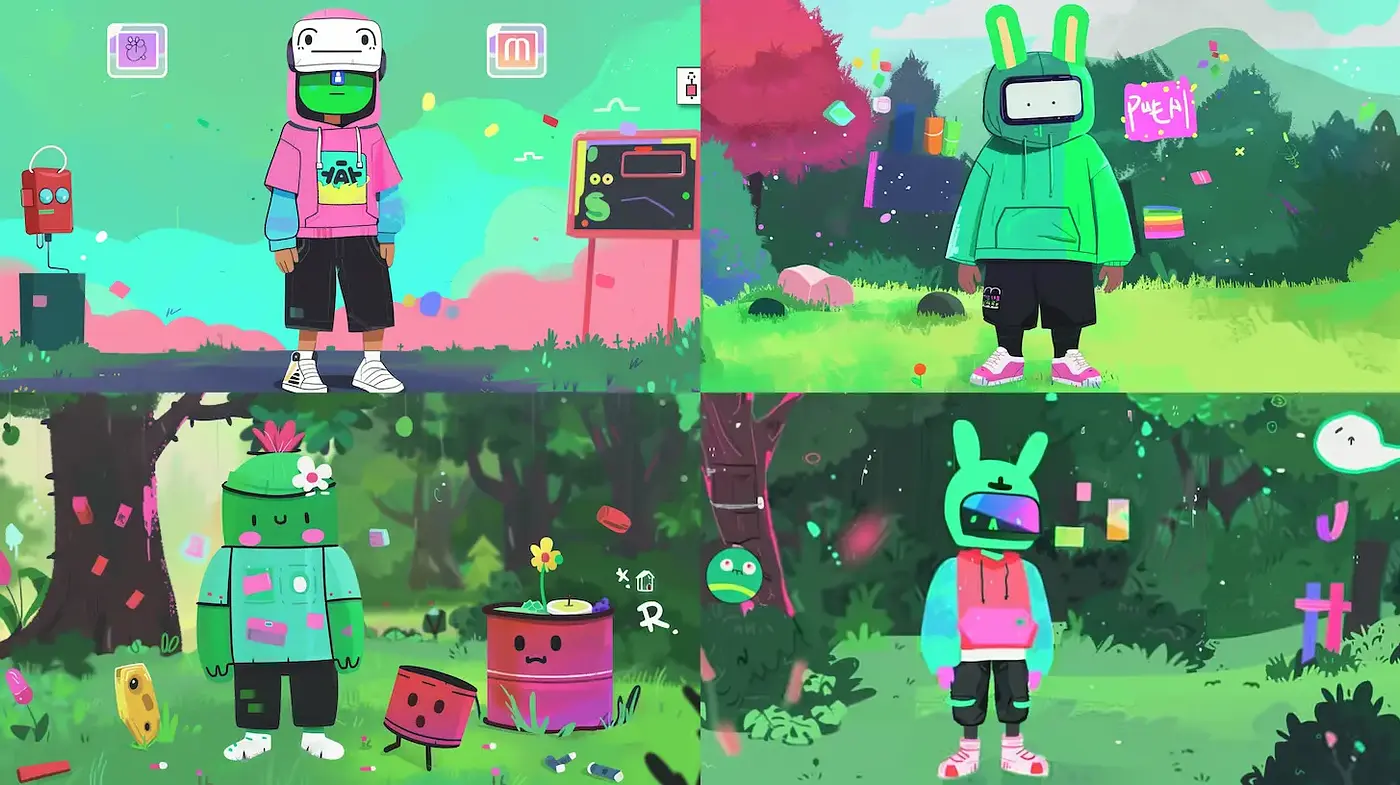 Vibrant and Whimsical Digital Art with Playful Characters - Midjourney sref style