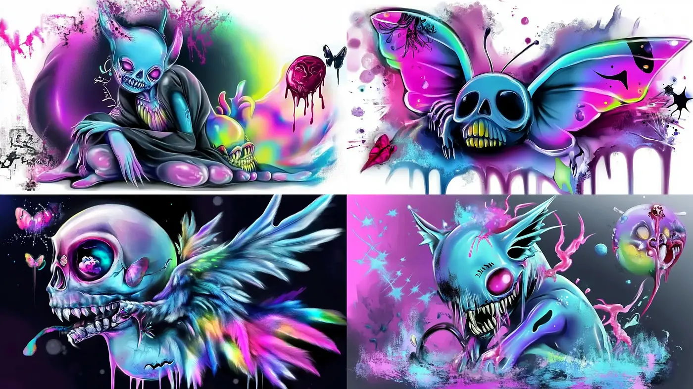 Neon Gothic Fantasia: A Surreal Blend of Dark Themes and Bright Hues - Midjourney sref style