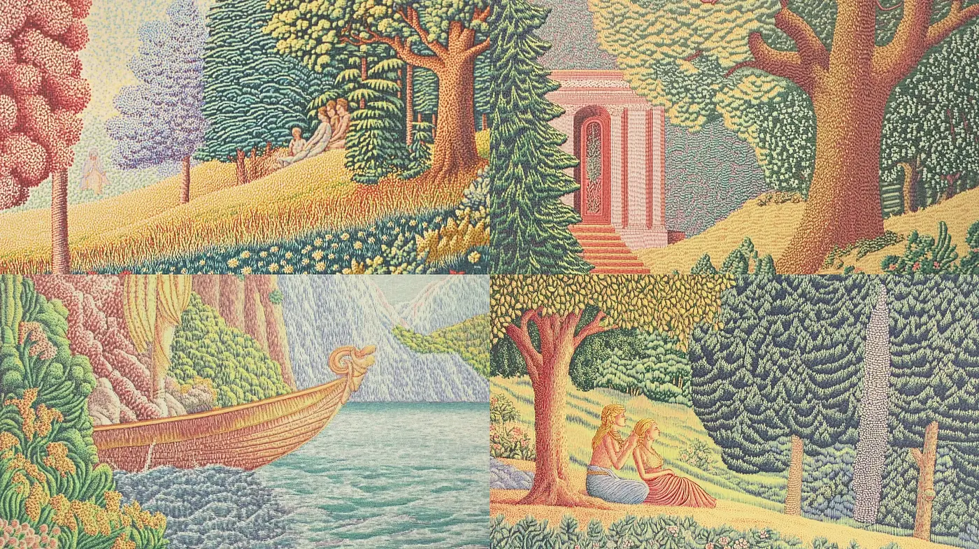 Idyllic Arcadian Landscapes in Post-Impressionist Textured Tapestry - Midjourney sref style