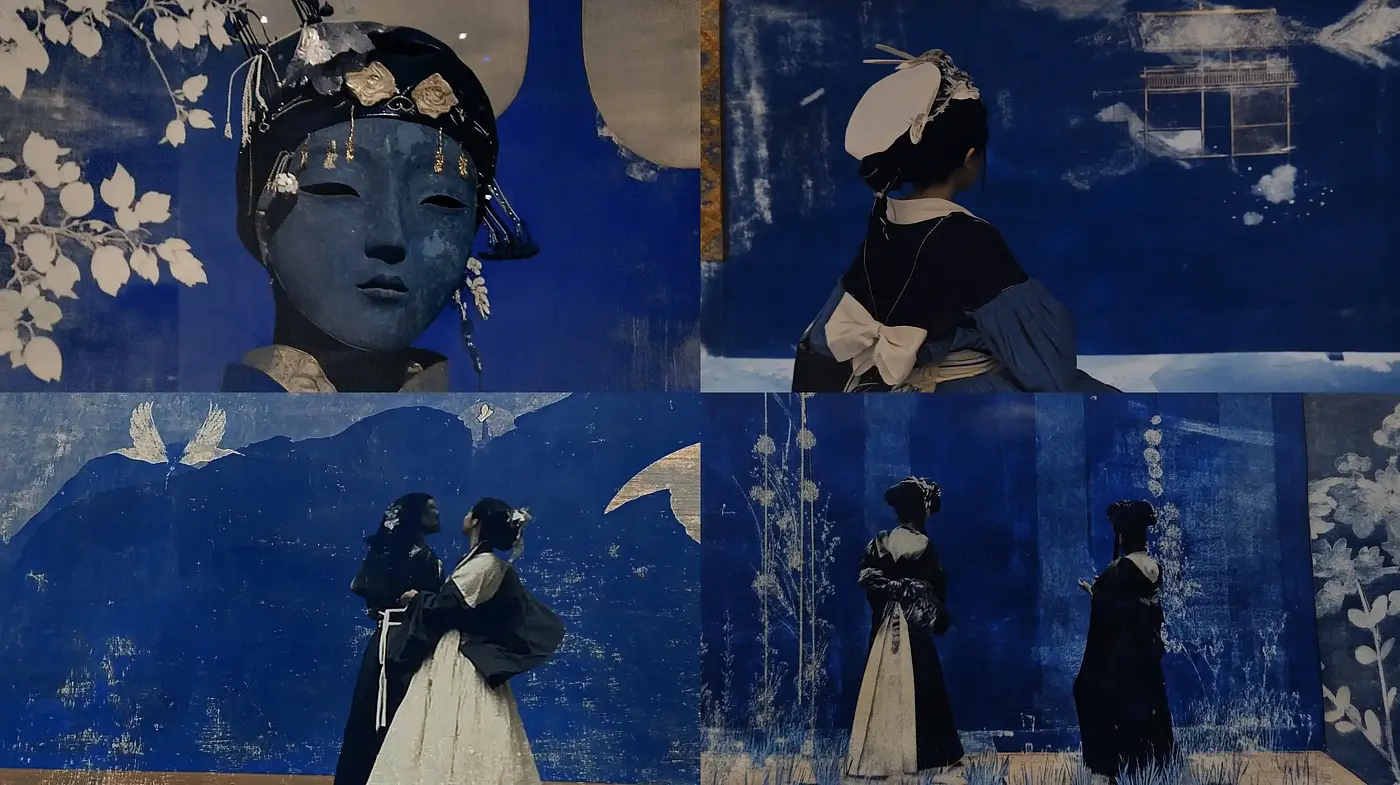 Indigo Reveries: A Study in Blue Hues and Floral Contrast - Midjourney sref style