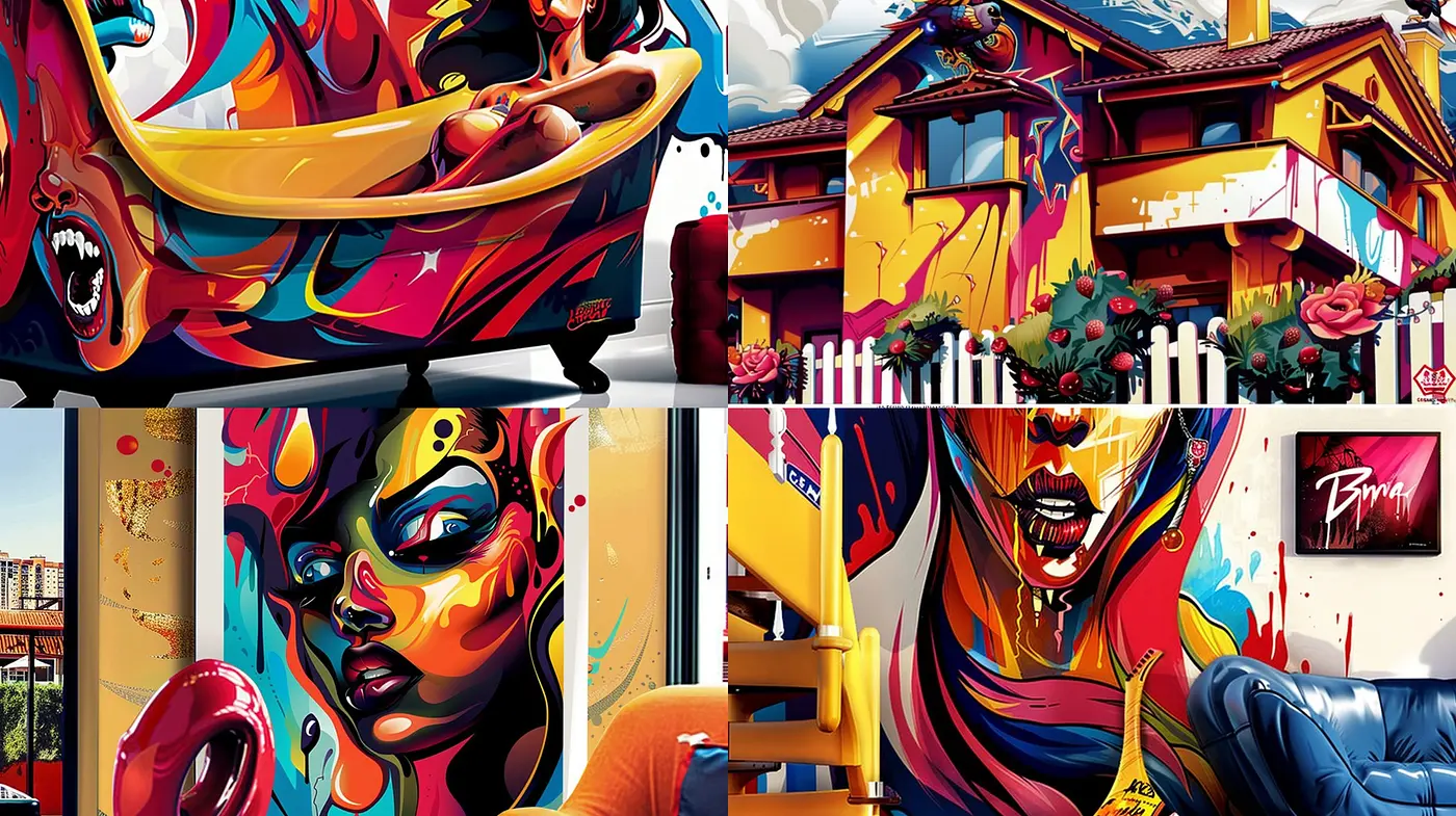 Lively Urban Art Fusion with Surreal and Expressive Pop Culture References - Midjourney sref style