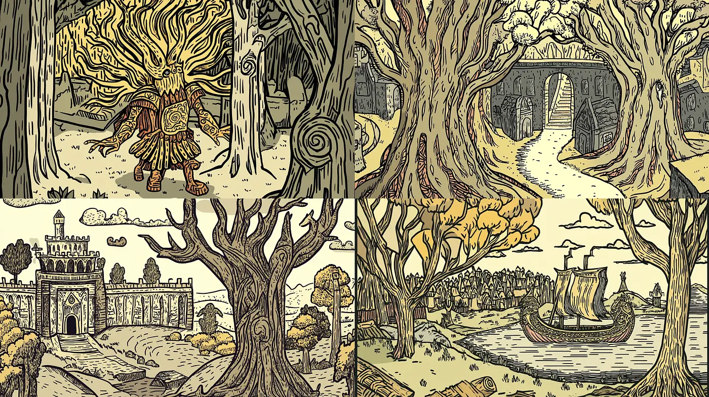 Intricate Storybook Illustrative Fusion with a Touch of Enigmatic Whimsy - Midjourney sref style