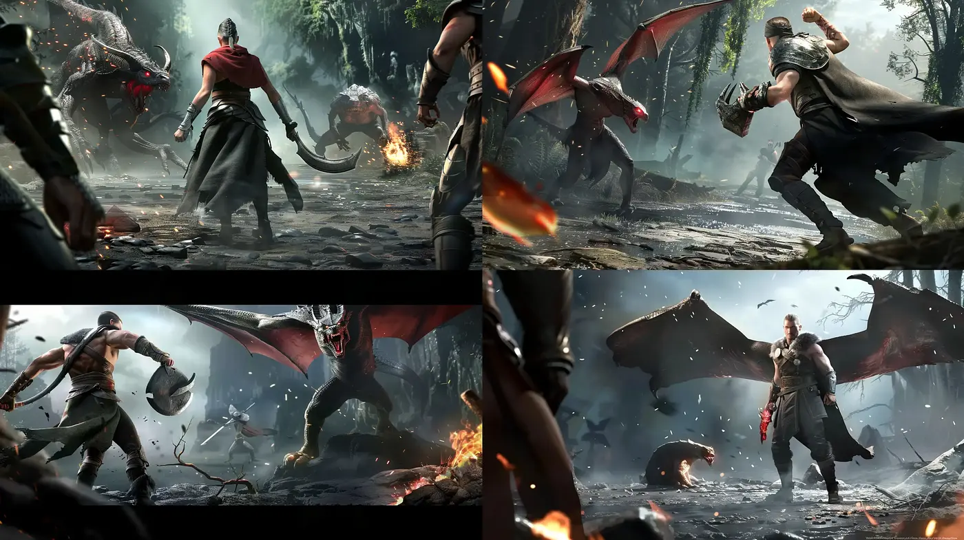 Dynamic Cinematic Combat with Mythological Beasts - Midjourney sref style