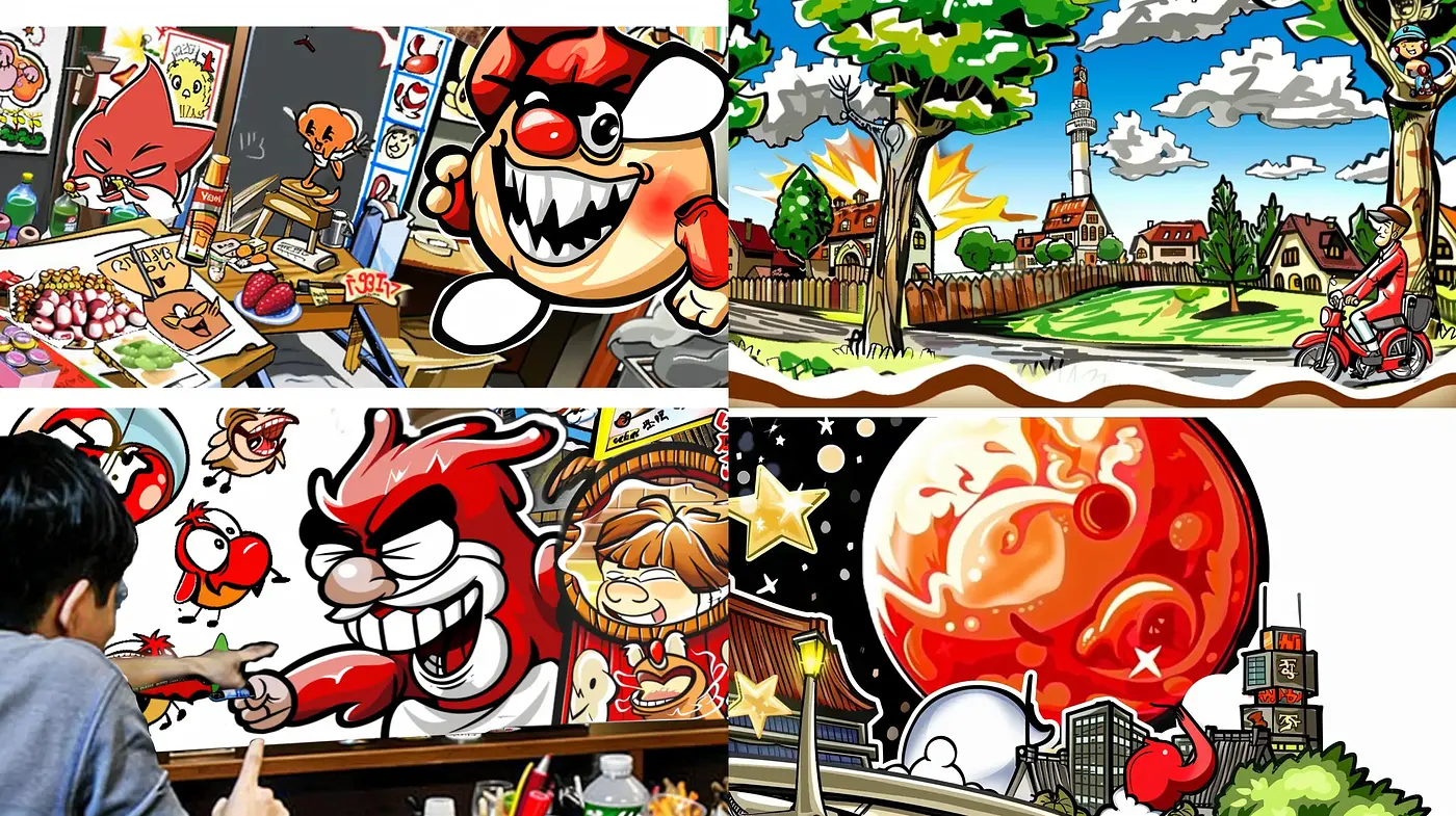 Vibrant Comic Exuberance: A Fusion of Lively Cartoon Illustration with Surreal Overtones - Midjourney sref style