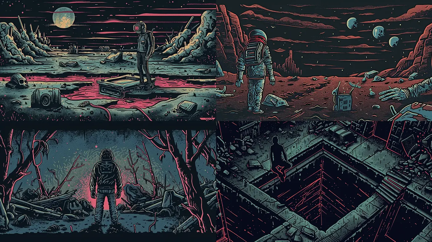 Dystopian Space Odyssey in a Surreal Comic Book Aesthetic - Midjourney sref style