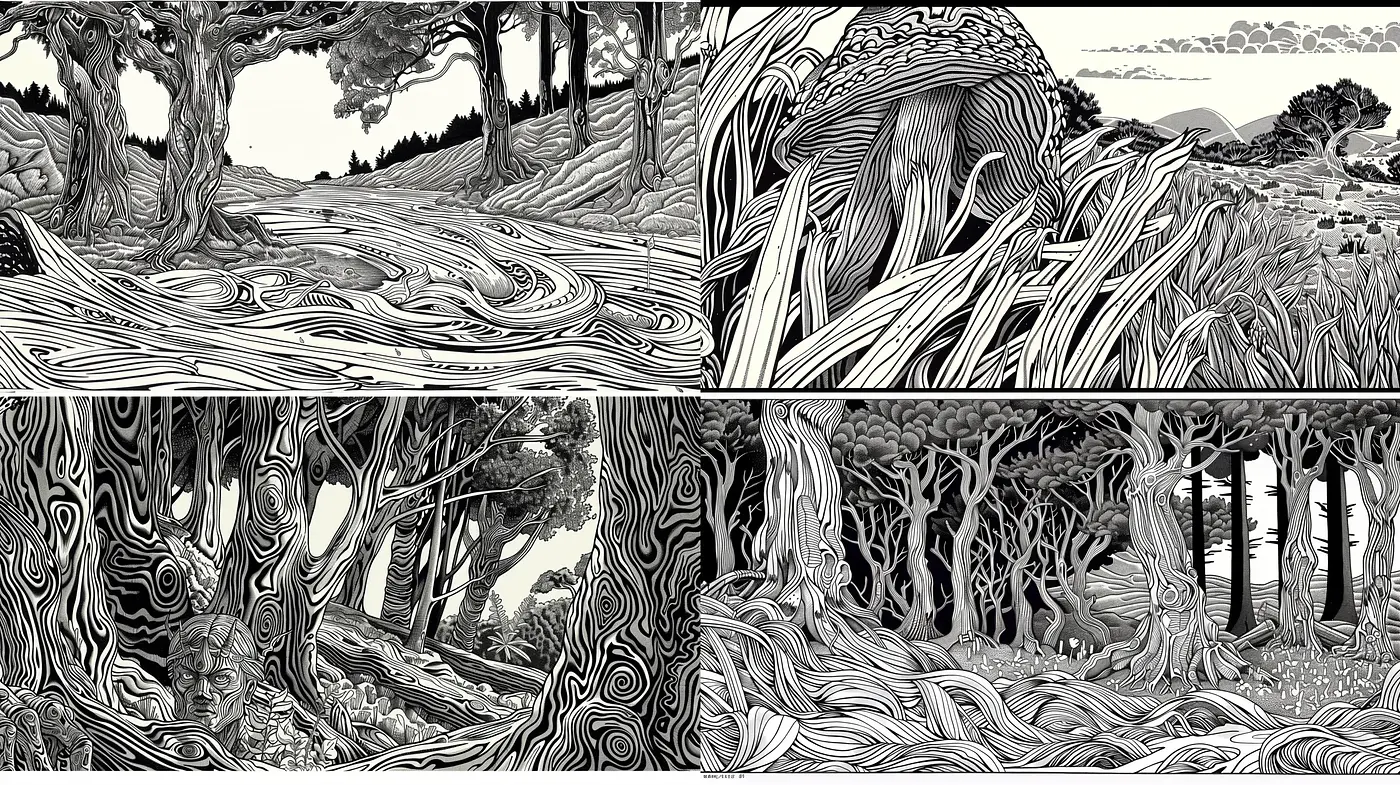 Monochromatic Whirls and Swirls of Natural Dreamscapes - Midjourney sref style