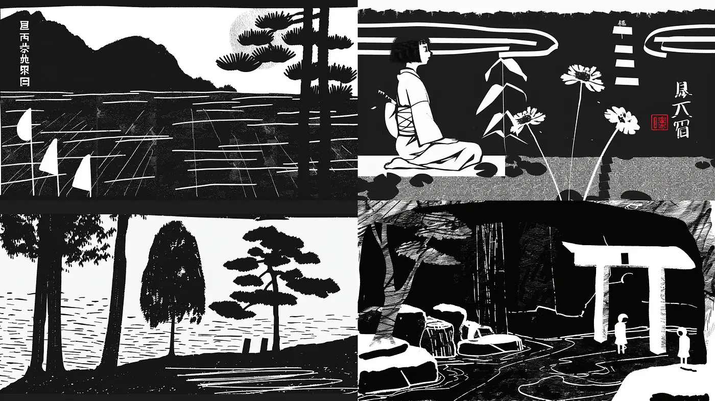 Stylized Monochrome Landscapes and Figures with Eastern Aesthetics - Midjourney sref style