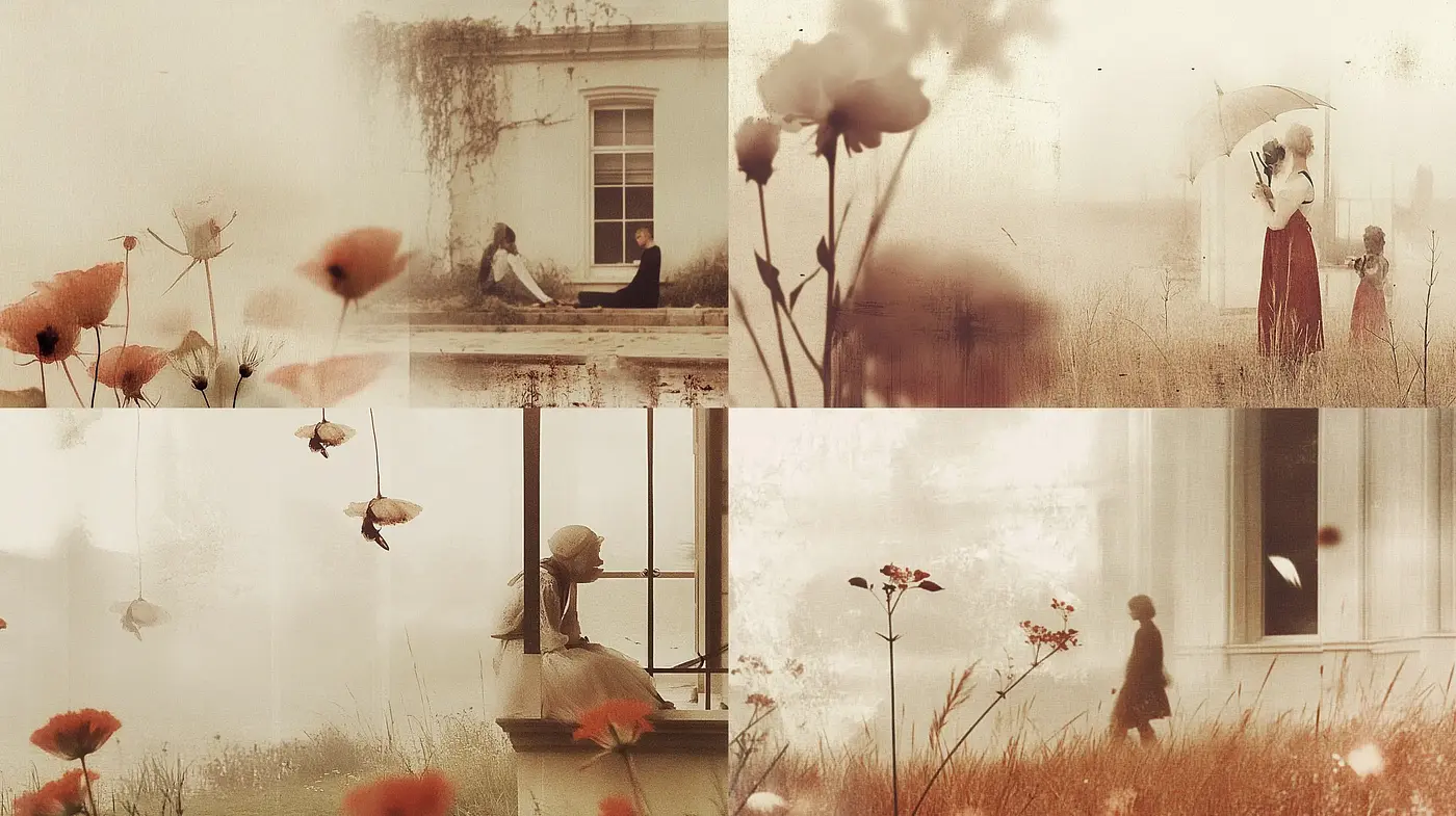 Ethereal Sepia-Toned Dreamscape with Wispy Florals and Solitude - Midjourney sref style