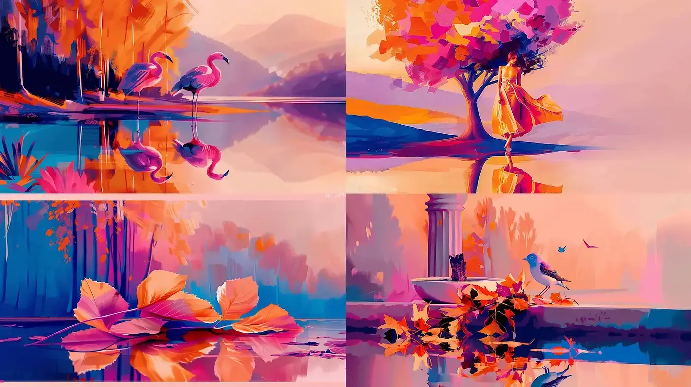 Vibrant and Dreamy Autumn Serenity in Illustrated Landscapes - Midjourney sref style