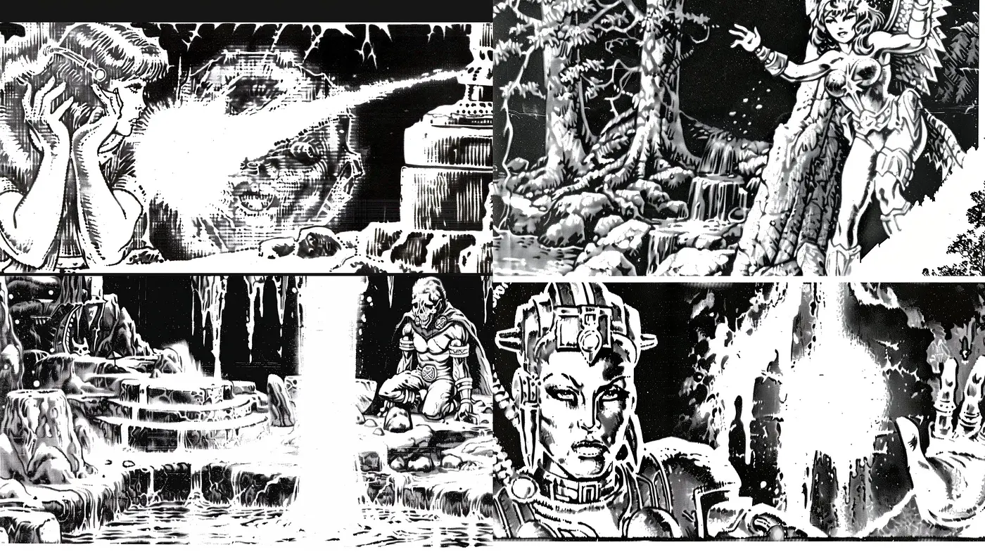 Monochromatic Etched Reverie: A Consistent Fusion of Vintage Illustration and Sci-Fi Fantasy - Midjourney sref style