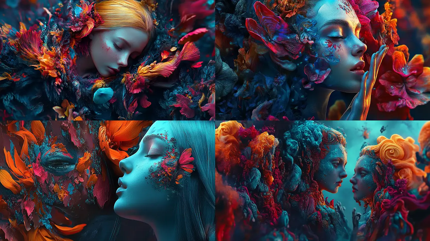 Ethereal Floral Fusion with Vivid Colors and Dramatic Lighting - Midjourney sref style