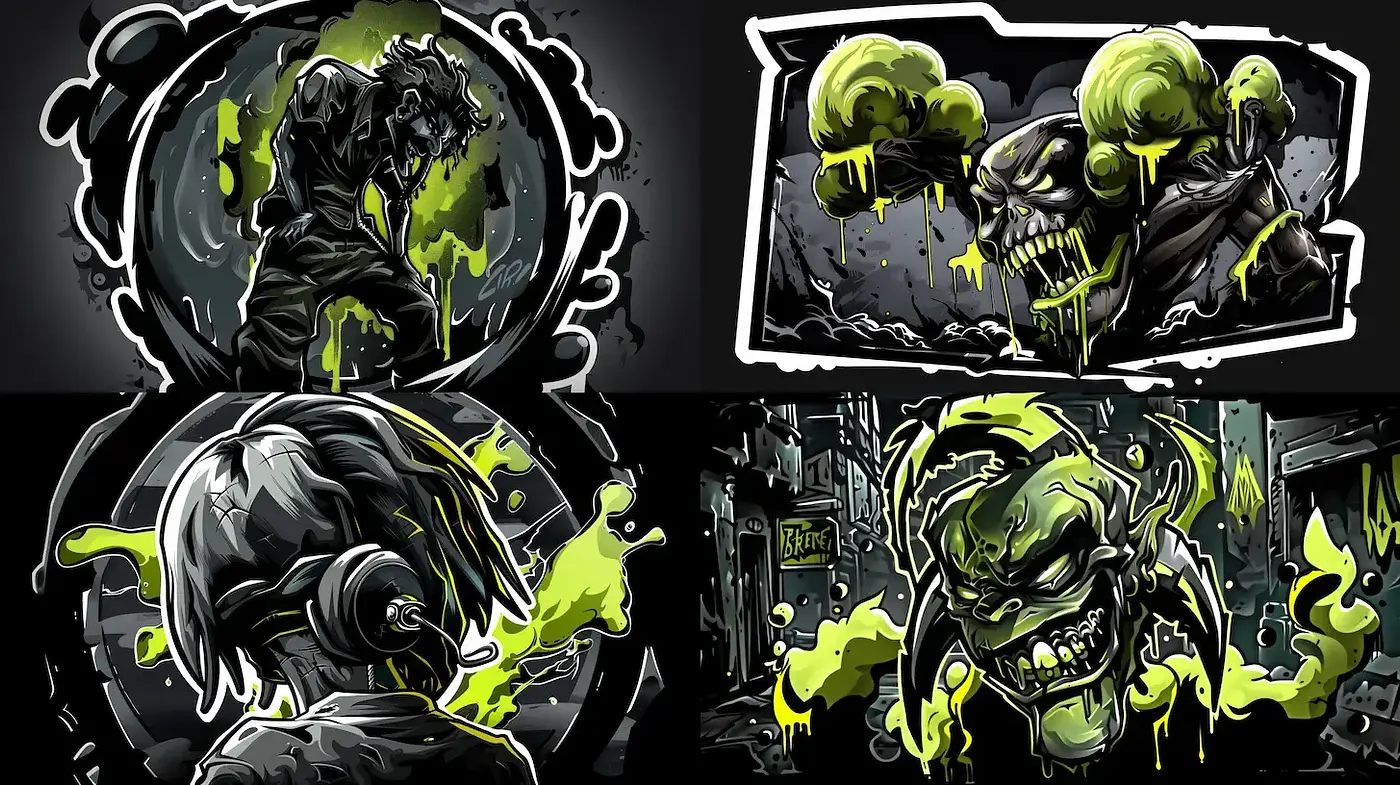 Dark and Distorted Graphic Style with Vivid Neon Accents - Midjourney sref style