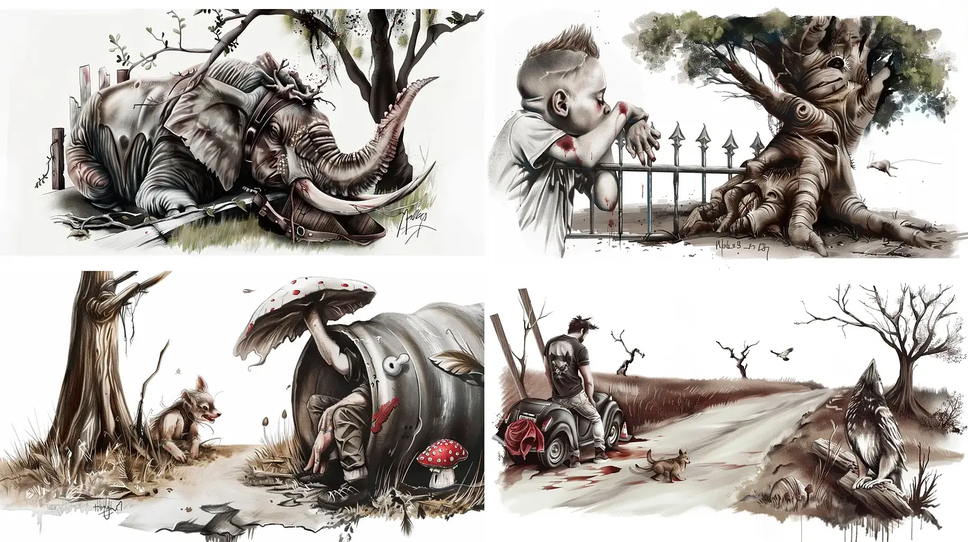 Surreal Anthropomorphic Fantasy in Sepia Tones - Midjourney sref style