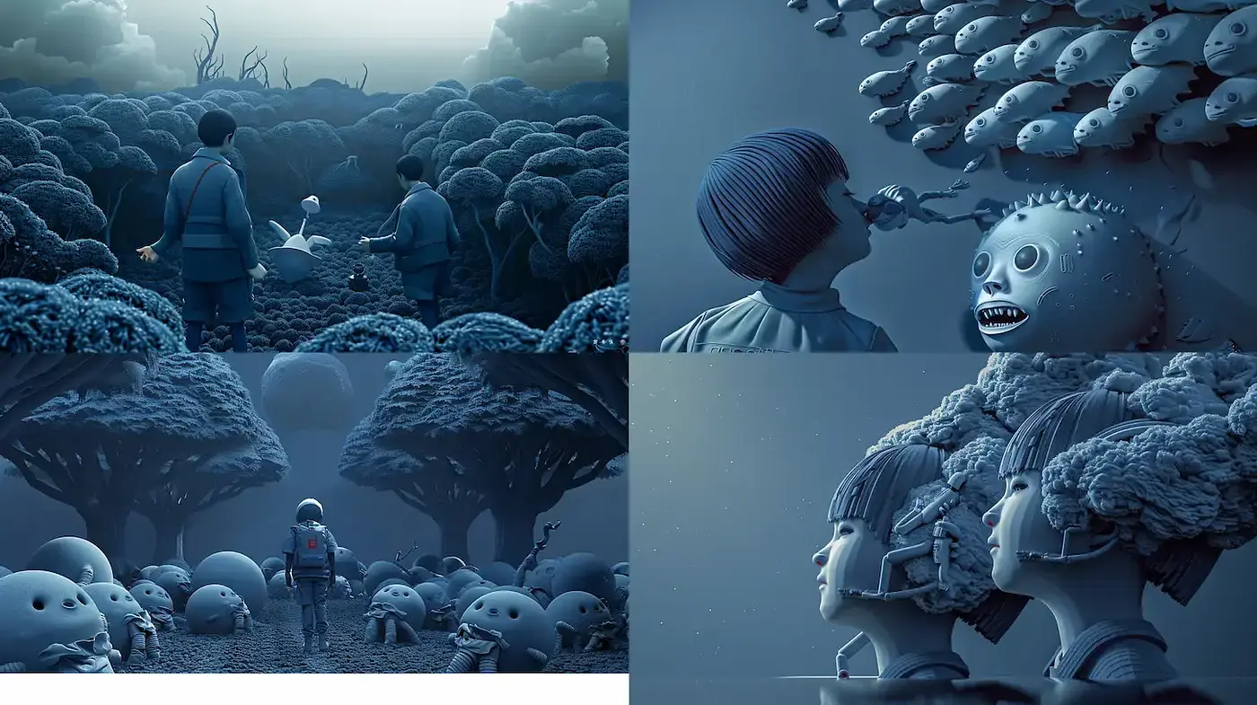 Surreal Dreamscape with Playful Forms in Soft Blue Tones - Midjourney sref style