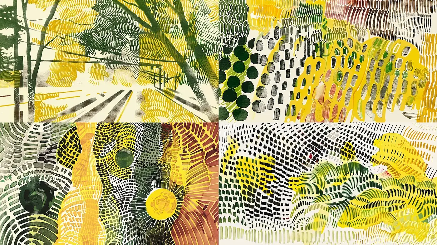 Dynamic interplay of organic shapes and patterns with a vibrant palette - Midjourney sref style