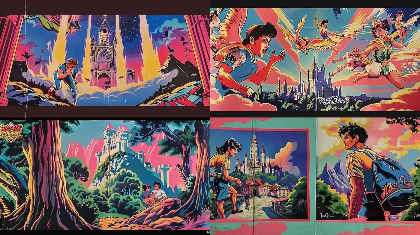 Vibrant Dreamlike Escapism with an 80s Flair - Midjourney sref style