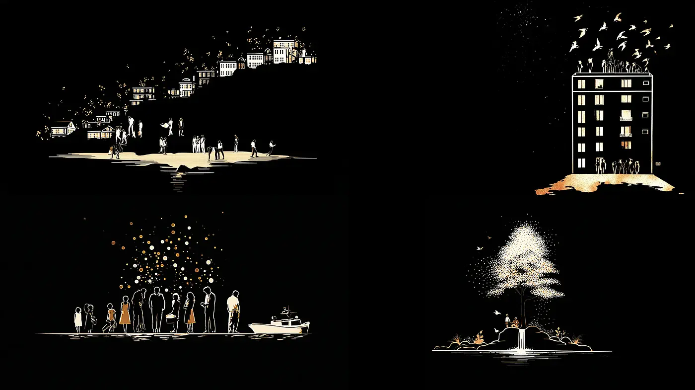 Artistic cohesion through distinct silhouettes and illuminated elements - Midjourney sref style
