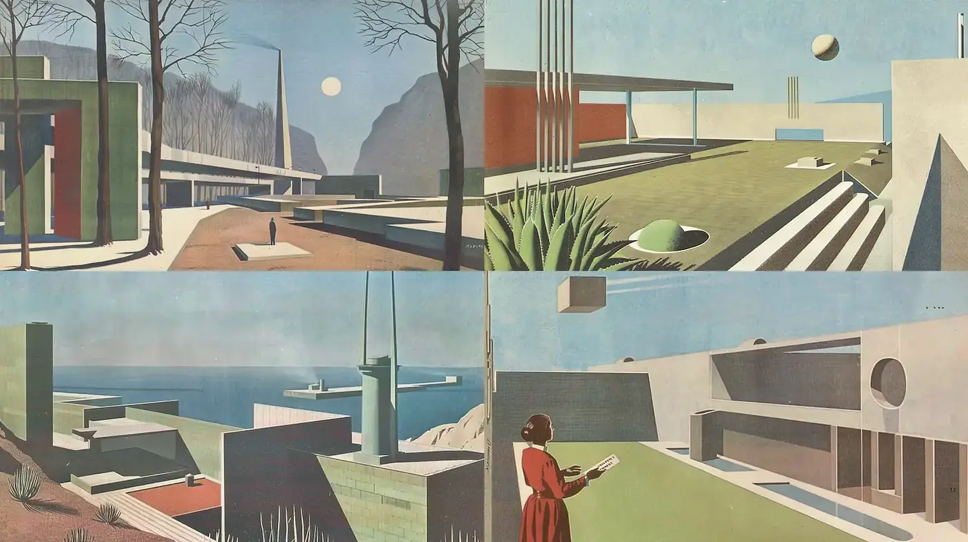 Mid-century Modern Architectural Aesthetics with Geometric Simplicity and Retro Vibes - Midjourney sref style