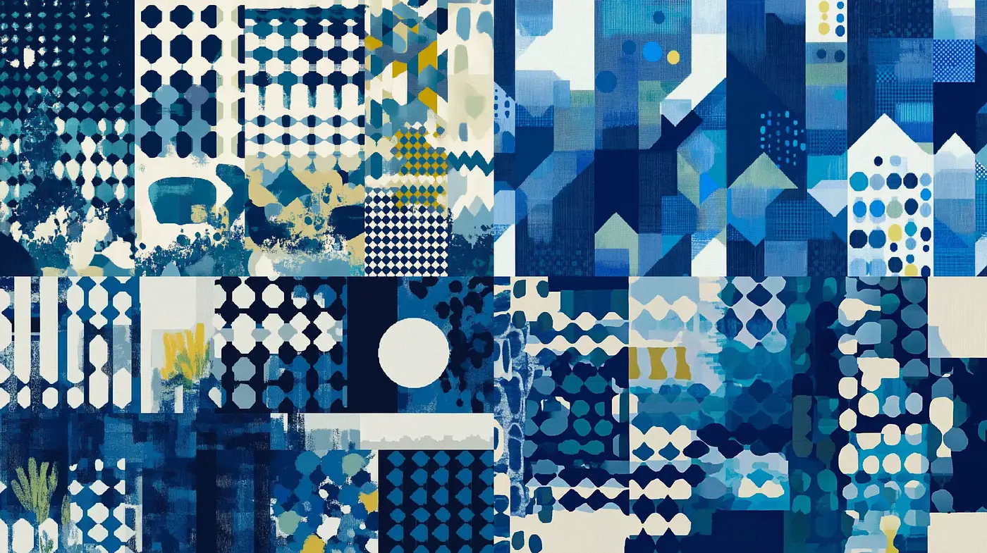 Abstract Geometric Harmony in Blues: A Study in Pattern Consistency and Textural Cohesion - Midjourney sref style