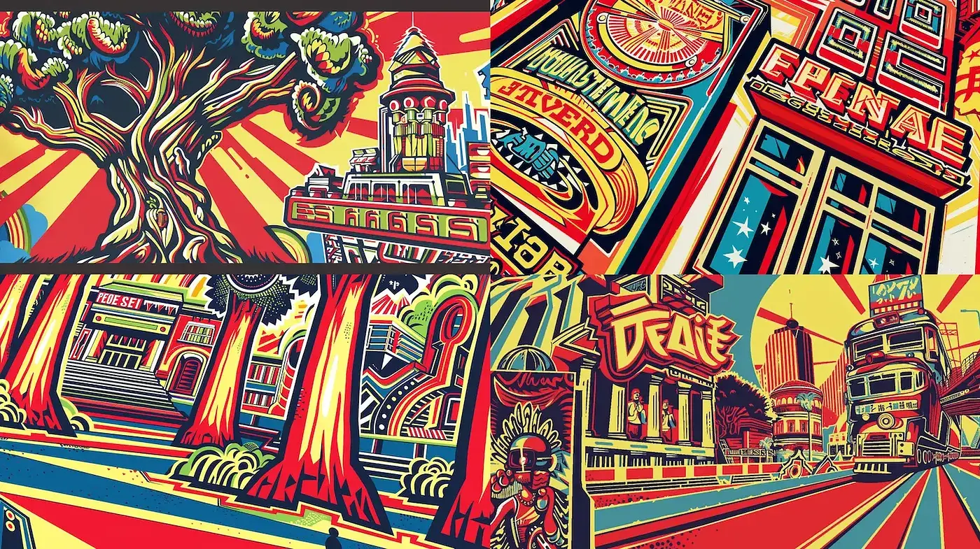 Vibrant and Retro Illustrative Style with Bold Lines and Geometric Shapes - Midjourney sref style