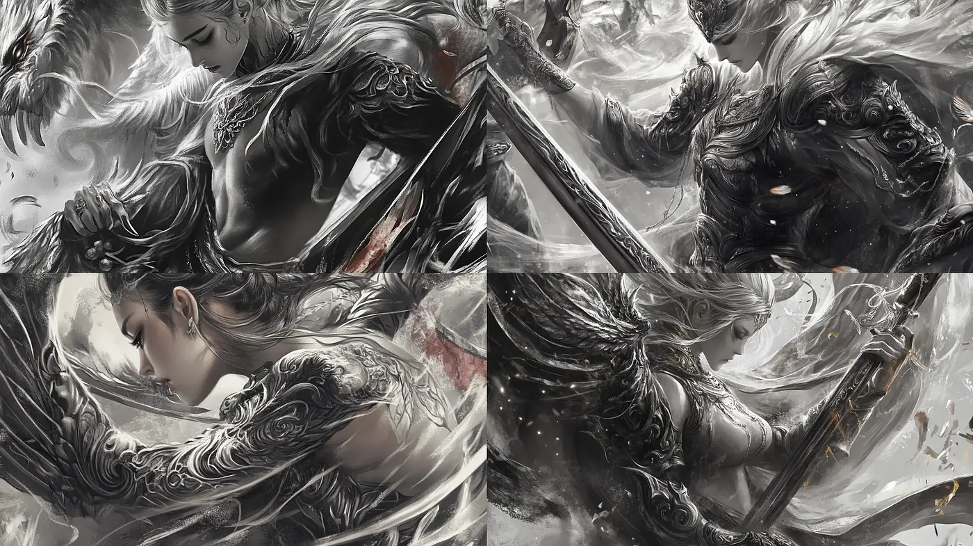 Ethereal Monochrome Fantasy with Dynamic Swirling Textures - Midjourney sref style